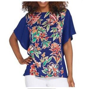 Bob Mackie Wearable Art Women’s Batwing Blue Abstract Floral Print Blouse SZ SM